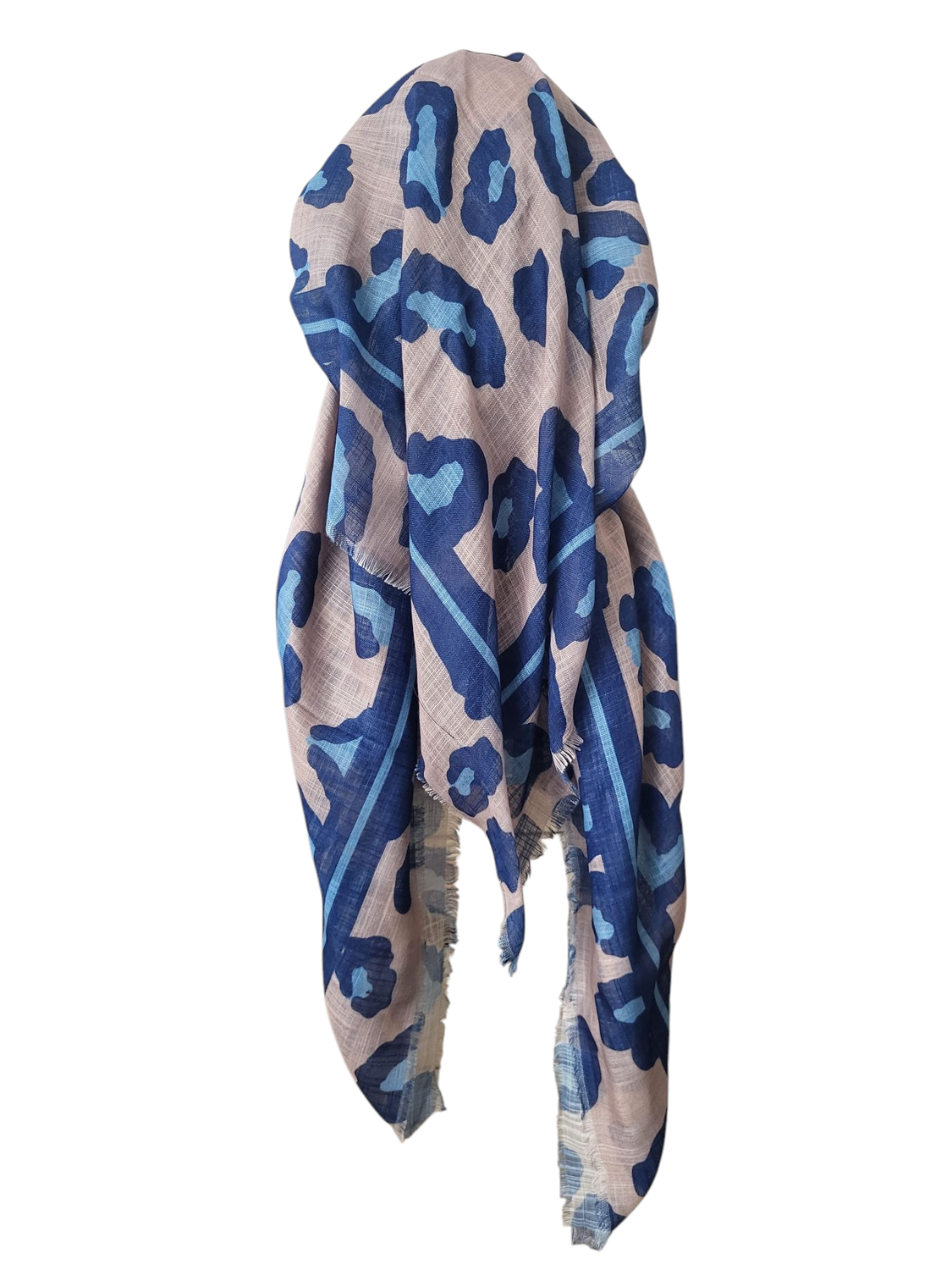 Tan leopard long back pre-tied kerchief w/band sewn in  -  soft fringed edges material