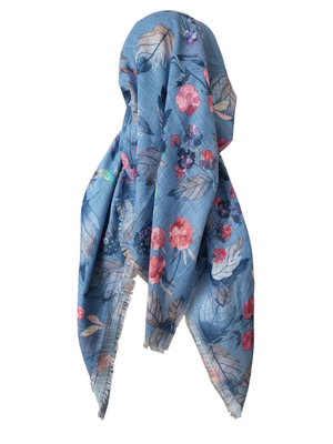 Denim pretty leaves long back pre-tied kerchief w/band sewn in  -  soft fringed edges material