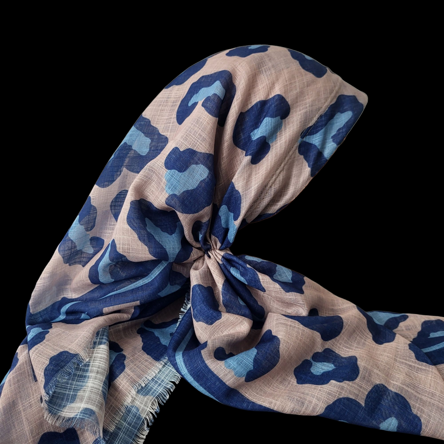 Tan leopard long back pre-tied kerchief w/band sewn in  -  soft fringed edges material