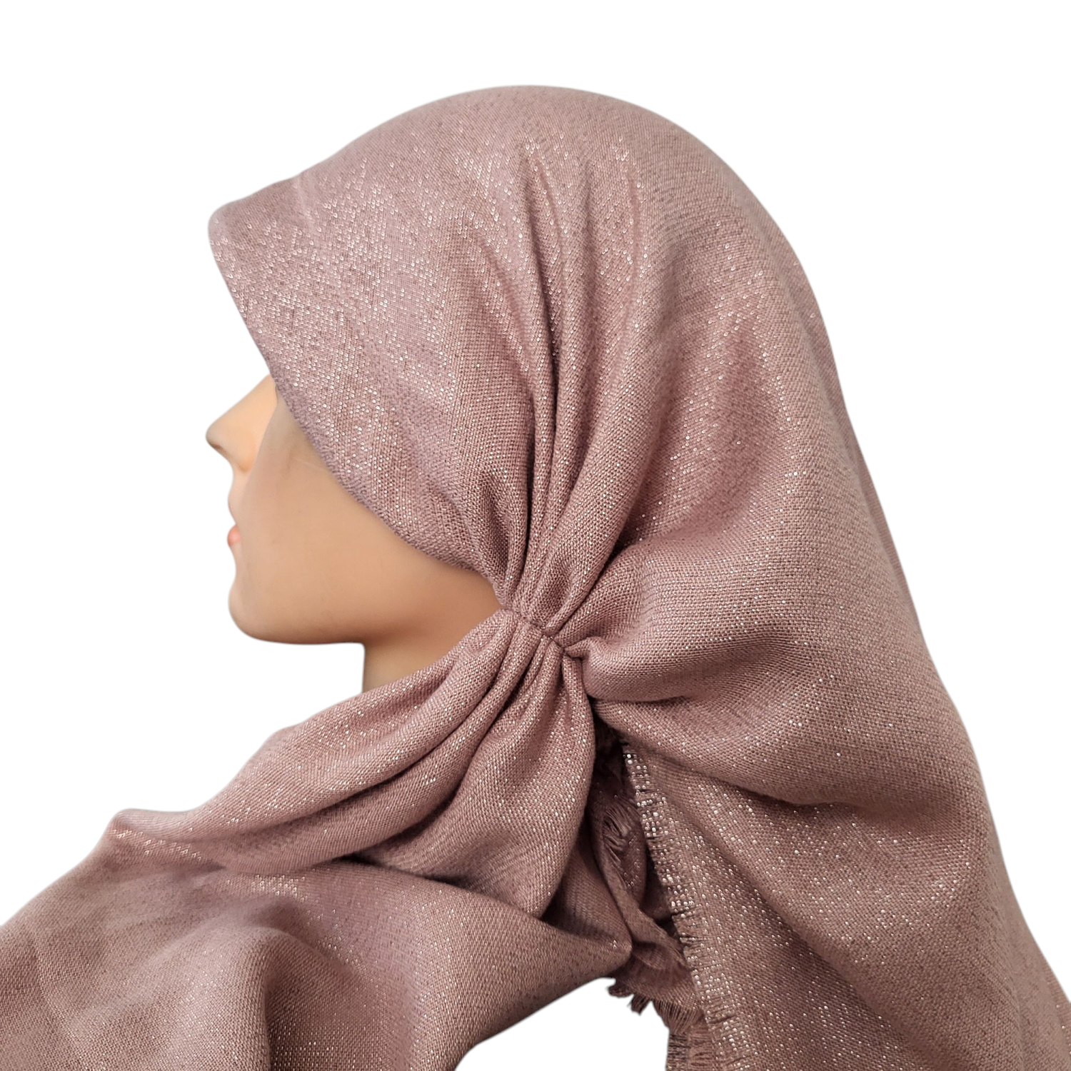 Rose gold glittery - long back pre-tied kerchief w/band sewn in  -  soft fringed edges material