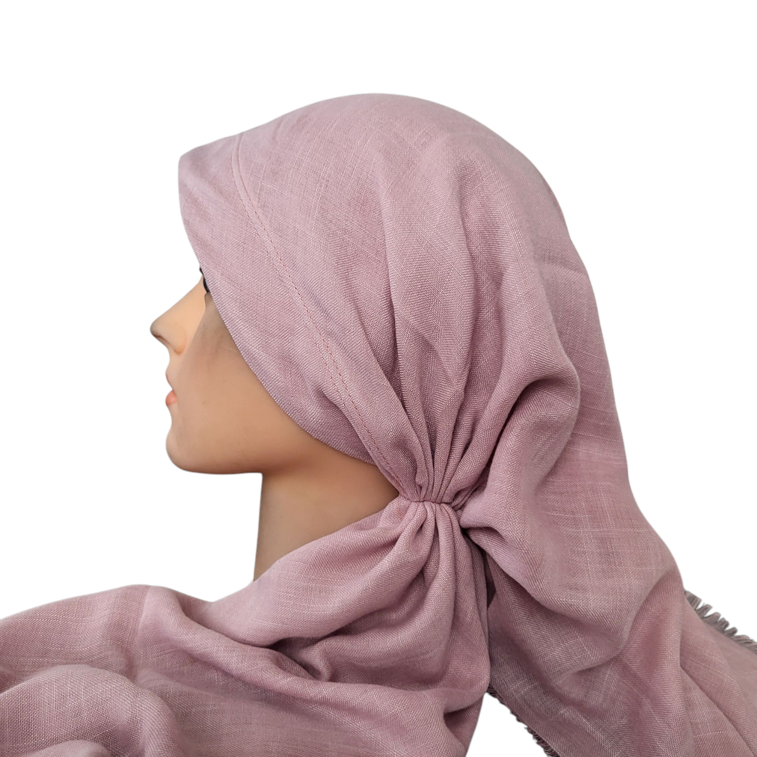 Blush/light pink solid - long back pre-tied kerchief w/band sewn in  -  soft fringed edges material