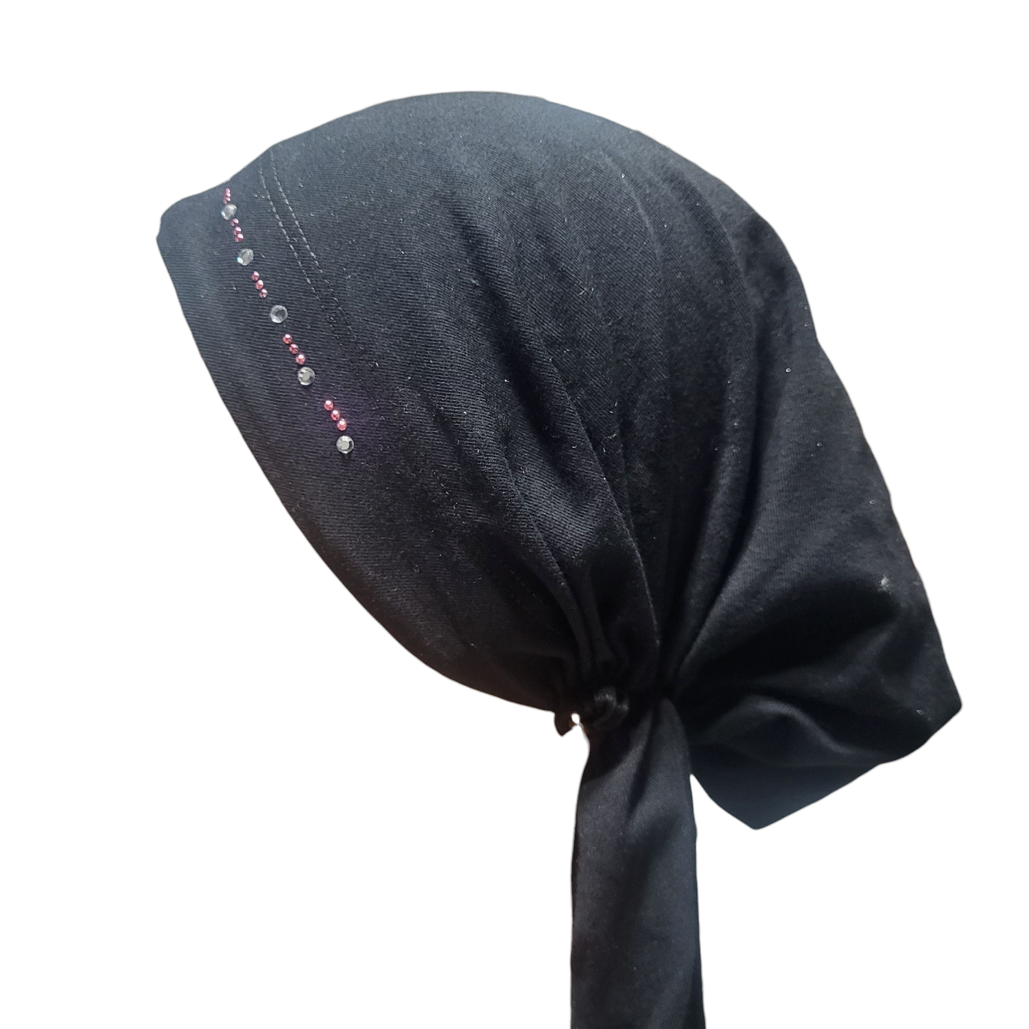Small Black pre tied tichel w/small stones- W/band sewn in 