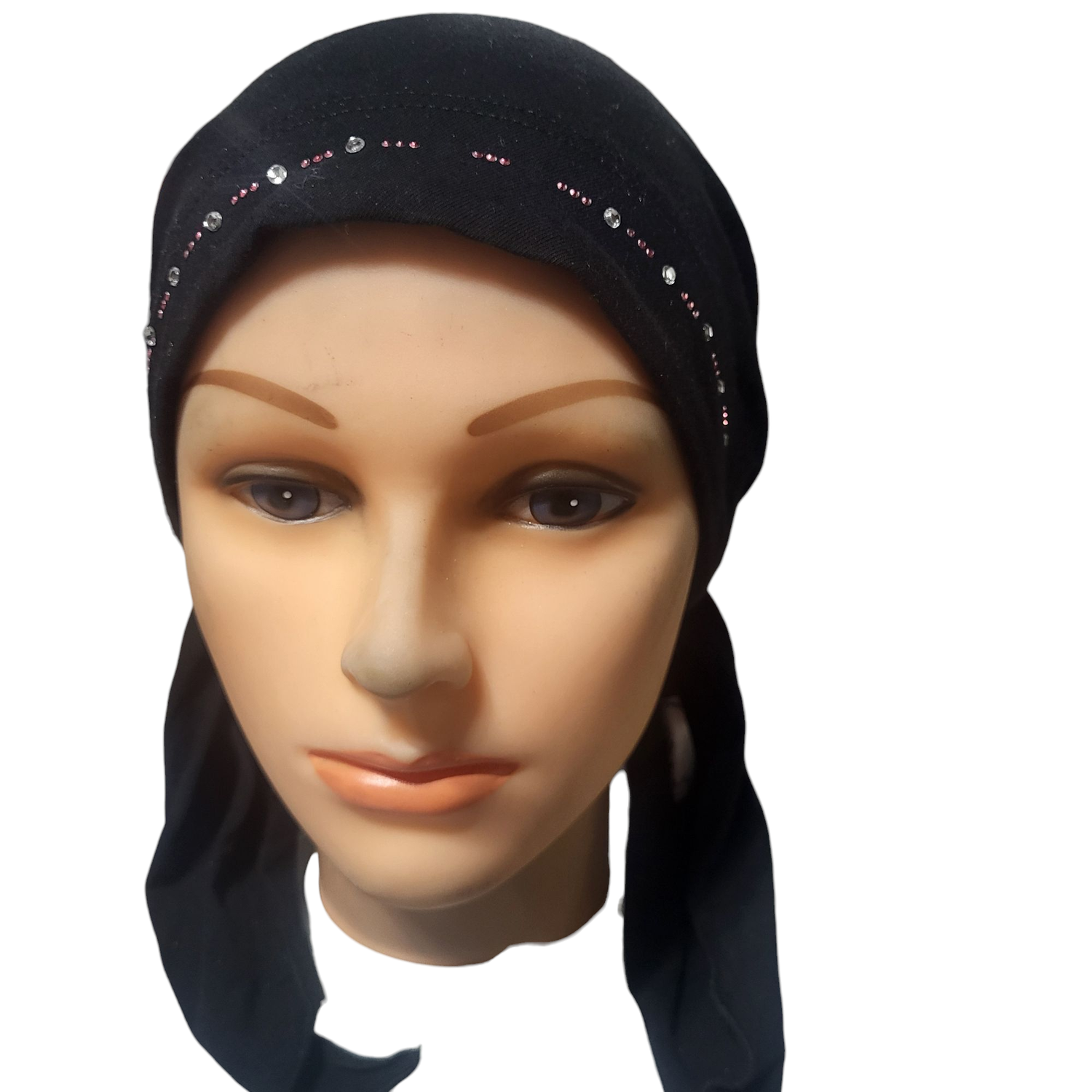 Small Black pre tied tichel w/small stones- W/band sewn in 