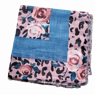 Denim/pink animal and floral patterned -  soft fringed tichel