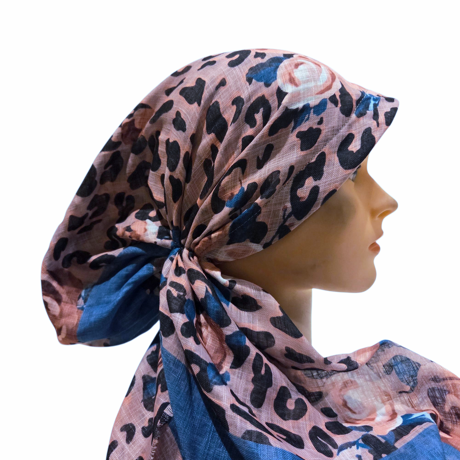 Pink leopard w/flowers - soft fringes pretied tichel