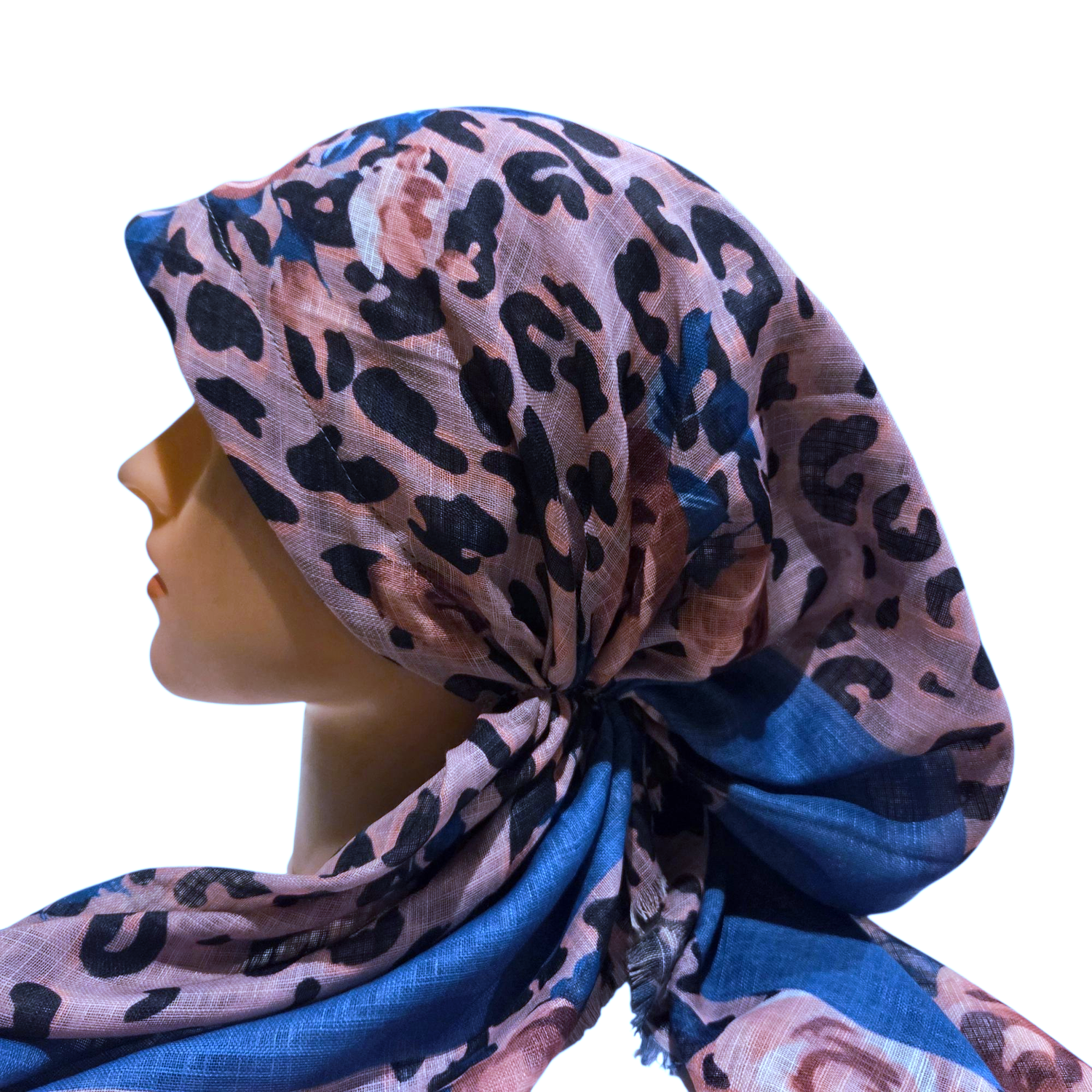 Pink leopard w/flowers - soft fringes pretied tichel