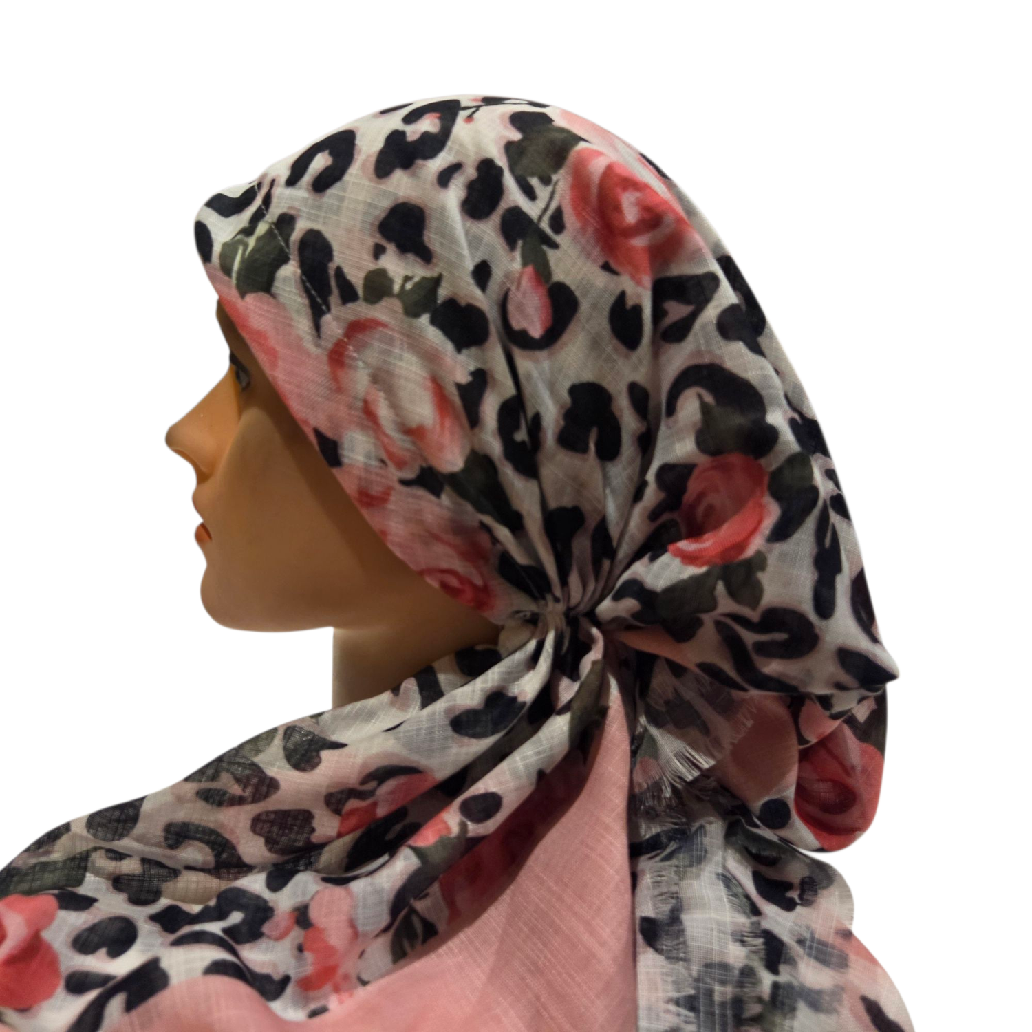 White leopard w/flowers - soft fringes pretied tichel