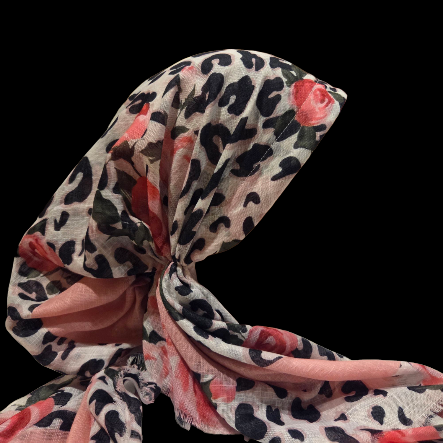 White leopard w/flowers - soft fringes pretied tichel