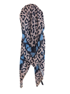 Tan leopard w/hearts - long kerchief back - soft fringes pretied tichel (BBS) w/band sewn in
