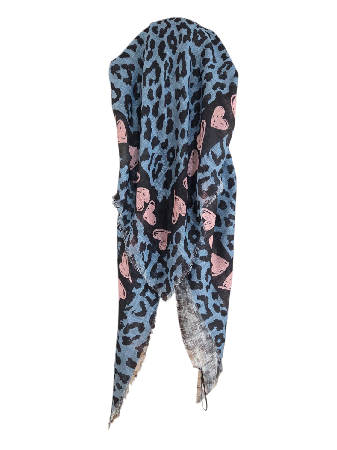 Denim leopard w/hearts - long kerchief back - soft fringes pretied tichel (BBS) w/band sewn in