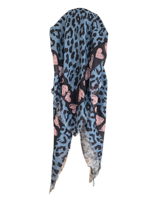 Denim leopard w/hearts - long kerchief back - soft fringes pretied tichel (BBS) w/band sewn in
