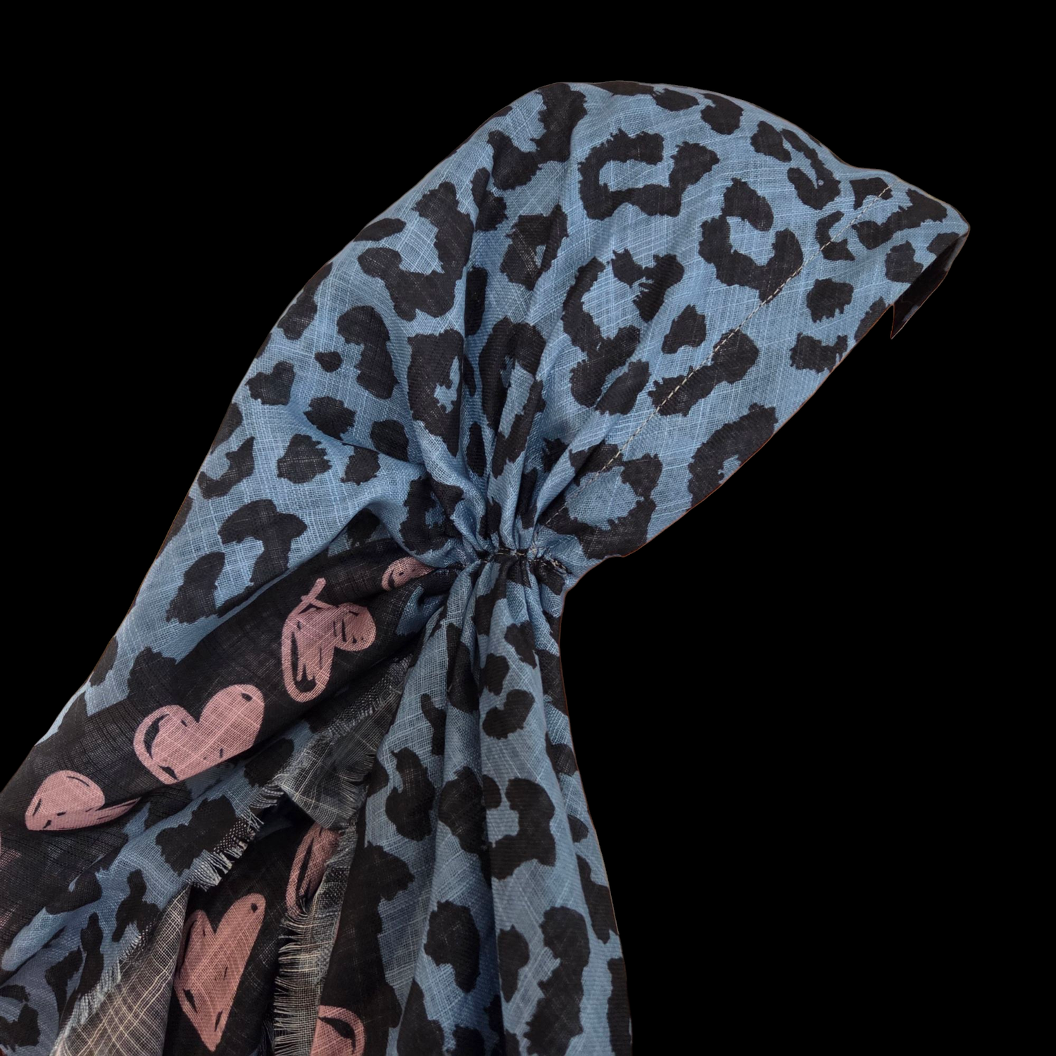 Denim leopard w/hearts - long kerchief back - soft fringes pretied tichel (BBS) w/band sewn in