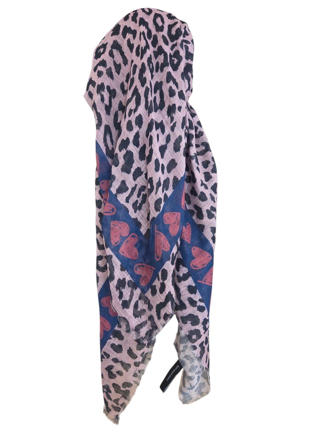 Pink leopard w/hearts - long kerchief back - soft fringes pretied tichel (BBS) w/band sewn in