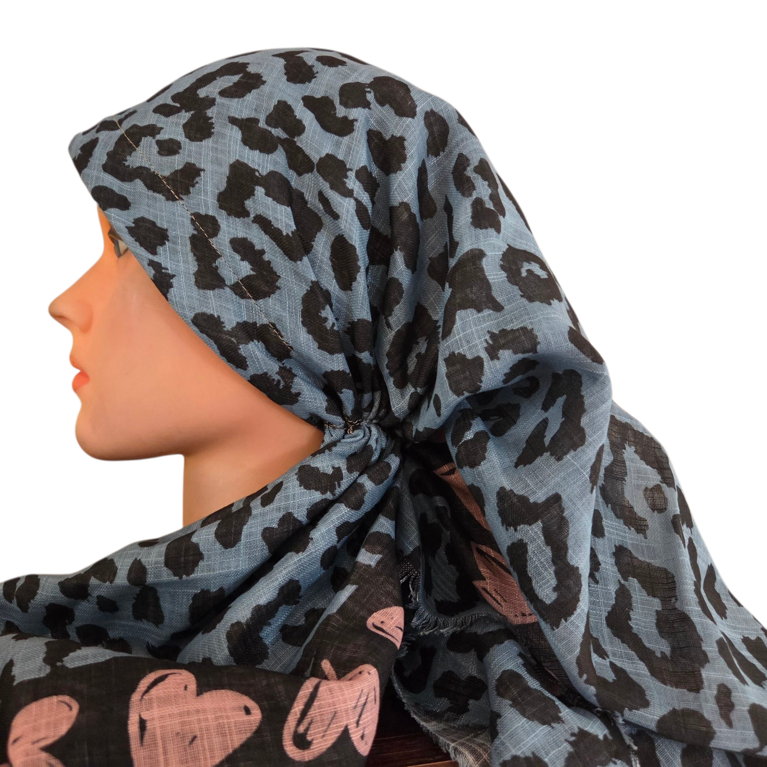 Denim leopard w/hearts - long kerchief back - soft fringes pretied tichel (BBS) w/band sewn in