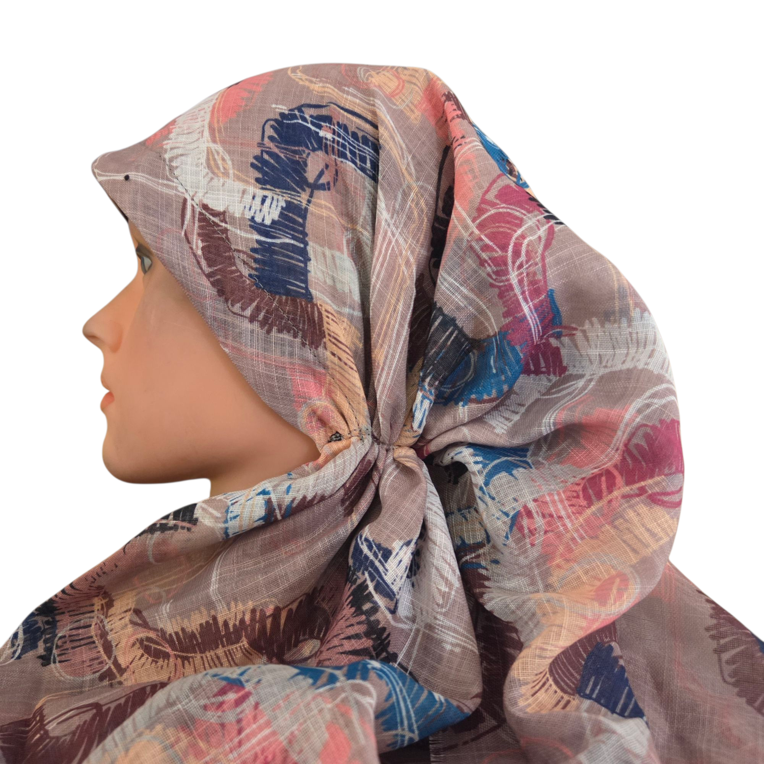 Multicolored tan base - long kerchief back - soft fringes pretied tichel (BBS) w/band sewn in