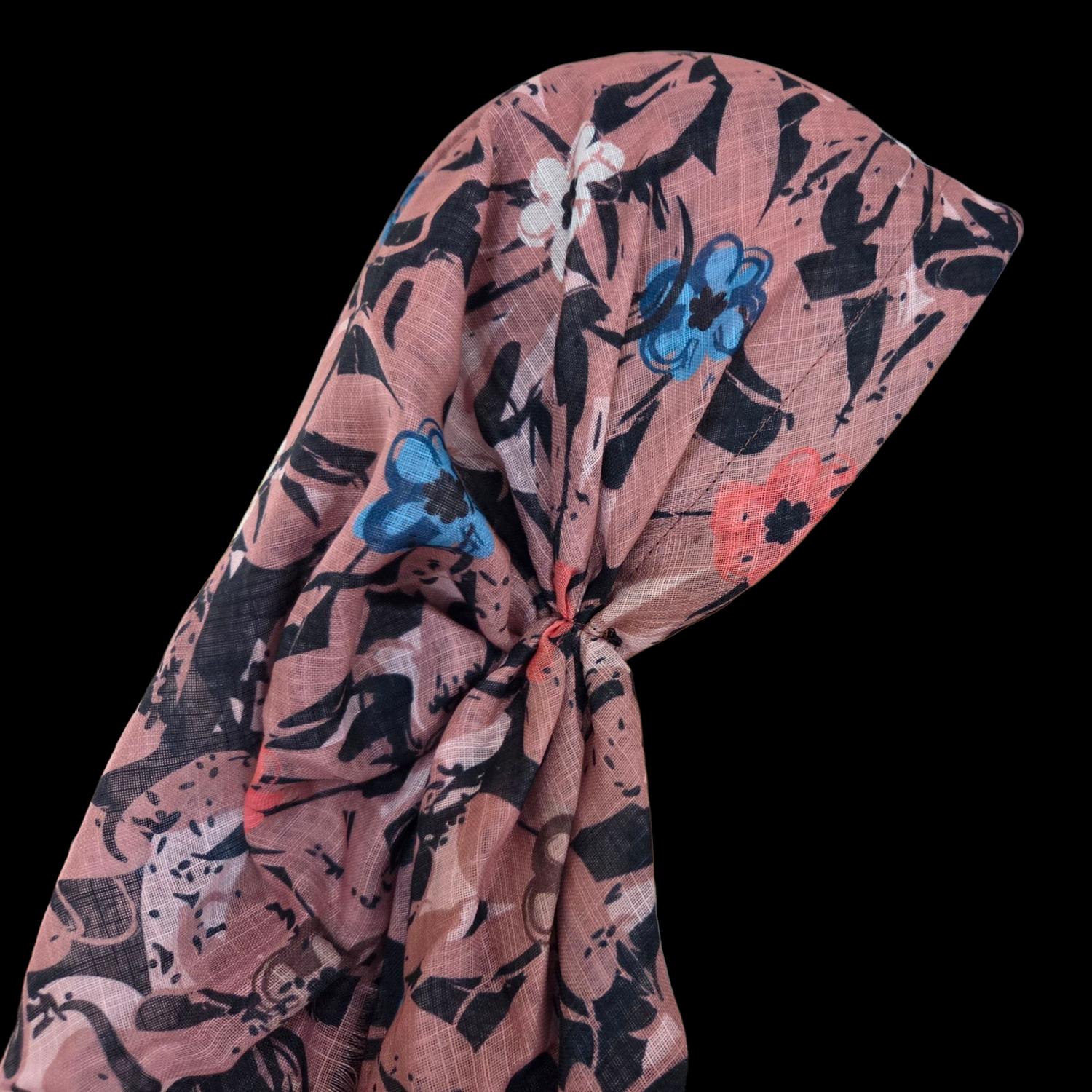 Coral/orangy floral - long kerchief back - soft fringes pretied tichel (BBS) w/band sewn in