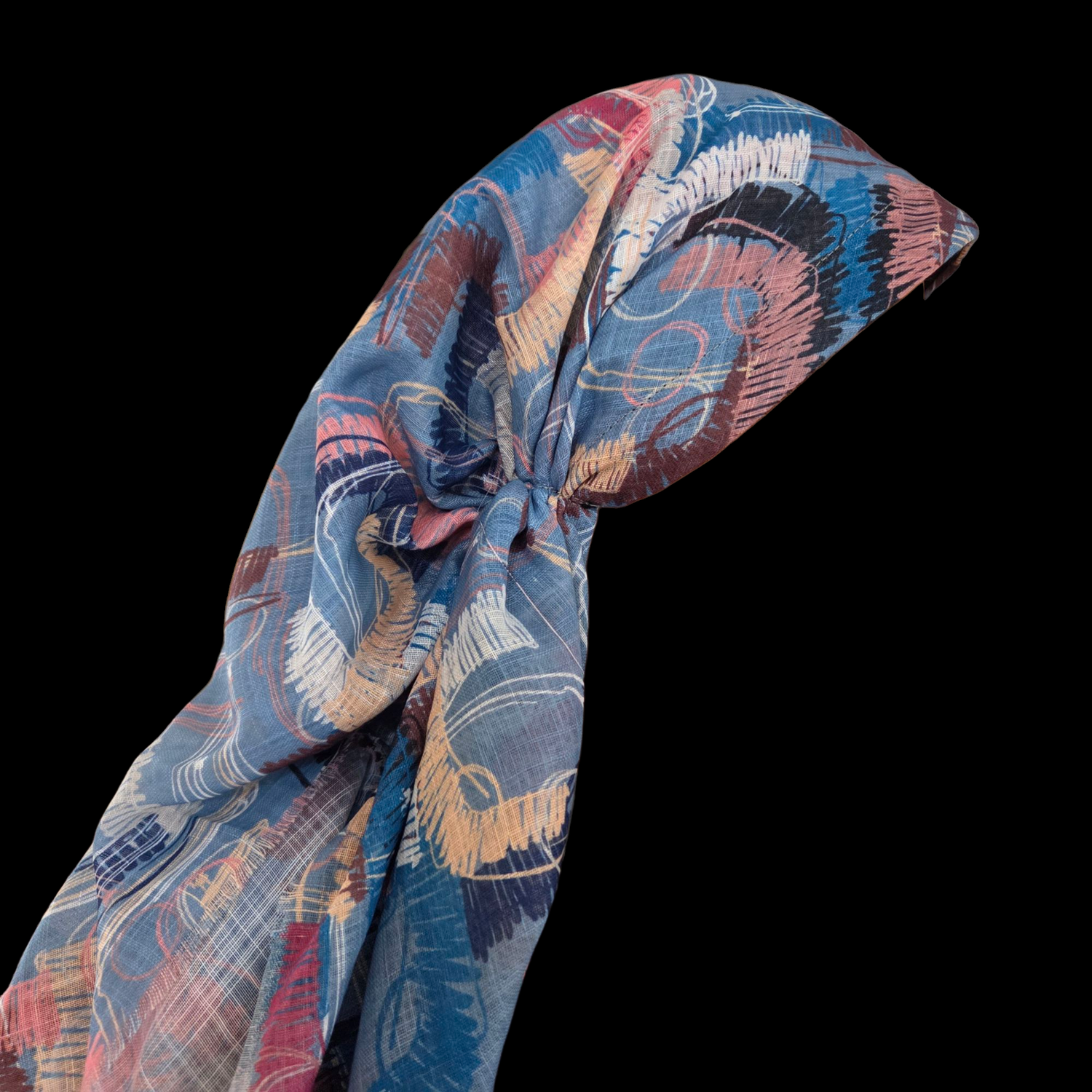 Multicolored denim base - long kerchief back - soft fringes pretied tichel (BBS) w/band sewn in