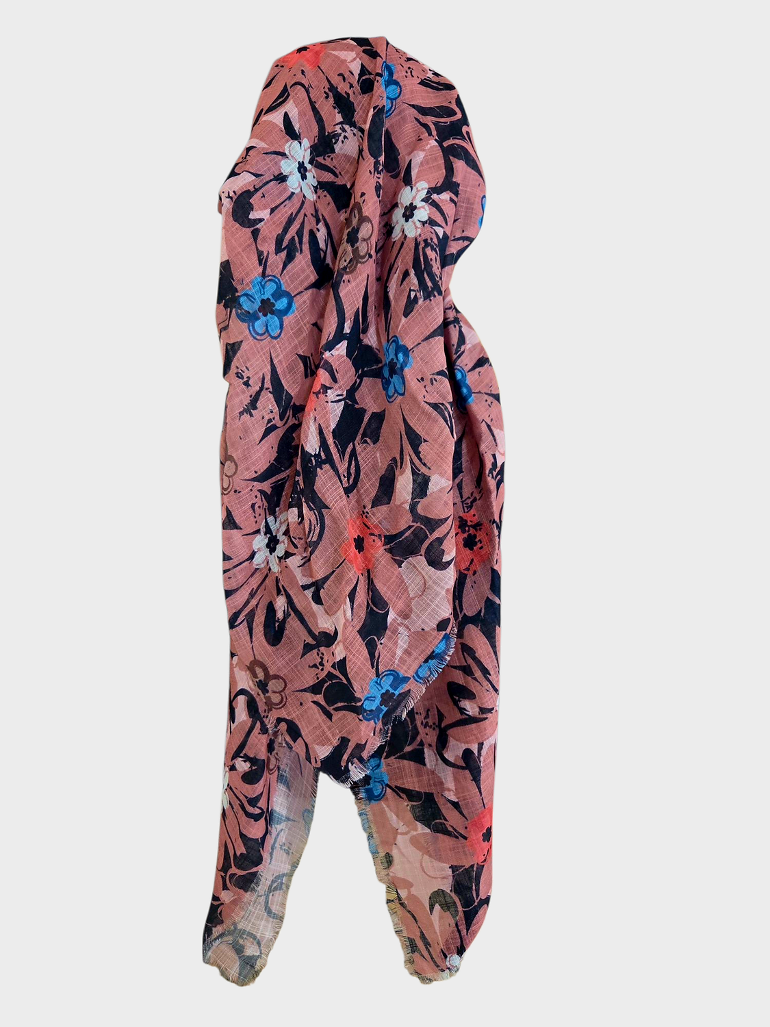 Coral/orangy floral - long kerchief back - soft fringes pretied tichel (BBS) w/band sewn in