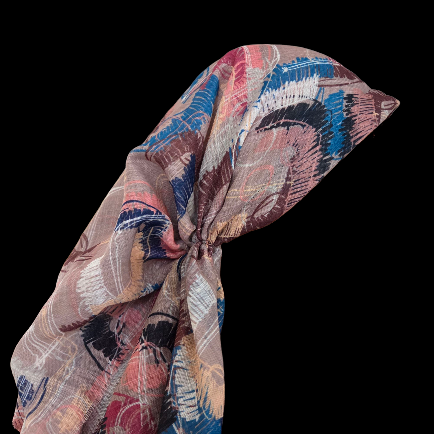 Multicolored tan base - long kerchief back - soft fringes pretied tichel (BBS) w/band sewn in