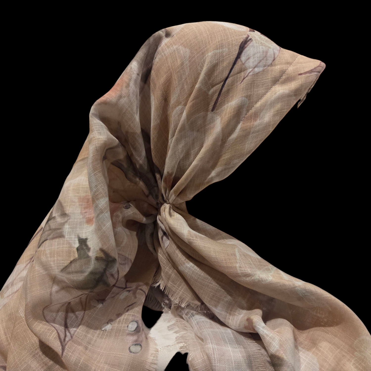 Delicate summer patterned beige - long kerchief back - soft fringes pretied tichel (BBS) w/band sewn in