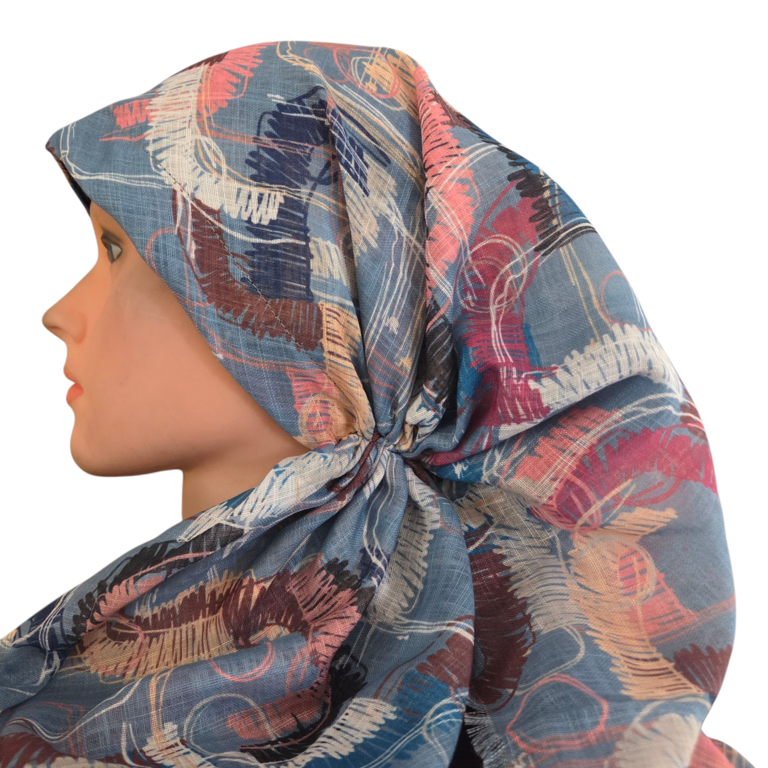 Multicolored denim base - long kerchief back - soft fringes pretied tichel (BBS) w/band sewn in