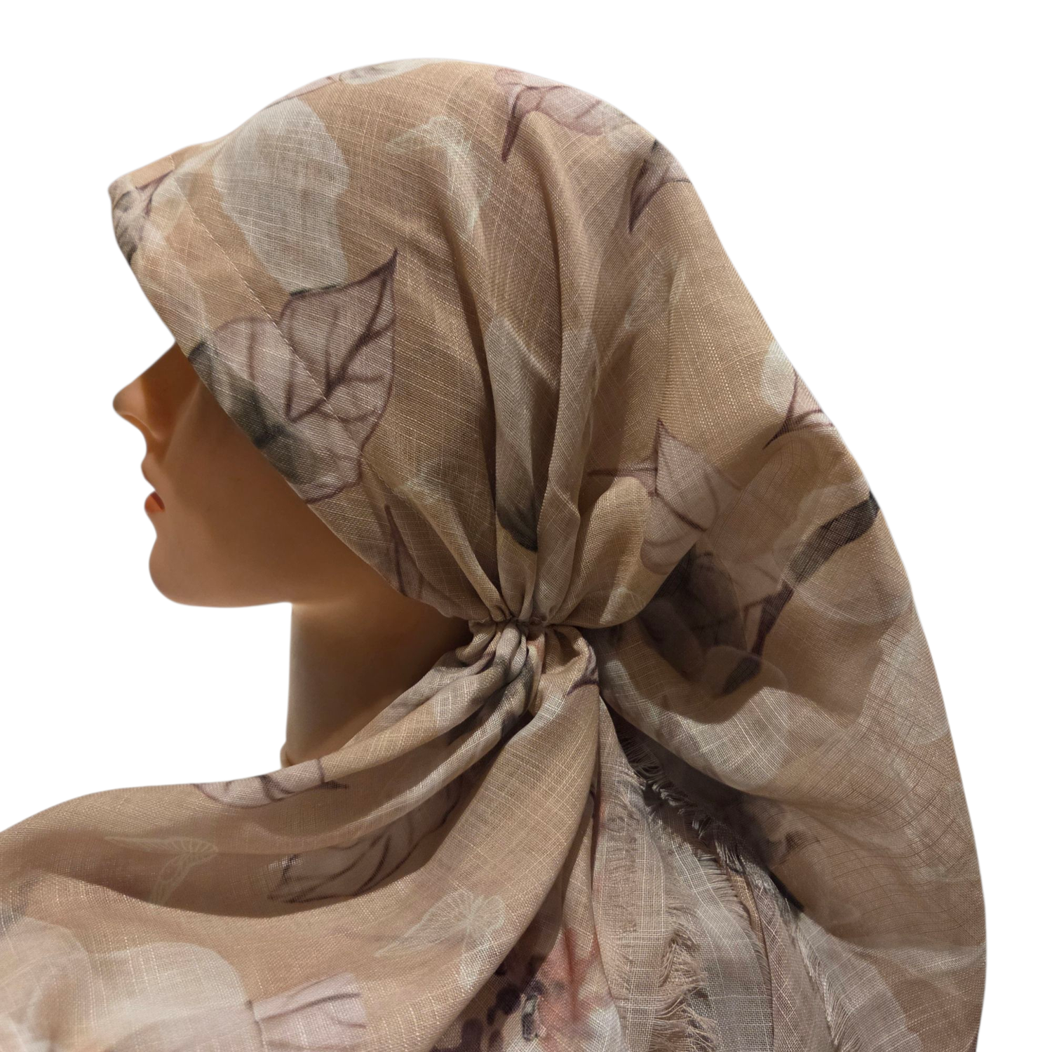Delicate summer patterned beige - long kerchief back - soft fringes pretied tichel (BBS) w/band sewn in