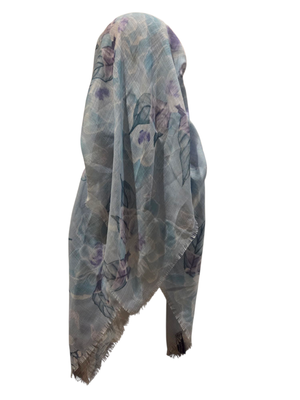 Delicate summer patterned sky blue - long kerchief back - soft fringes pretied tichel (BBS) w/band sewn in