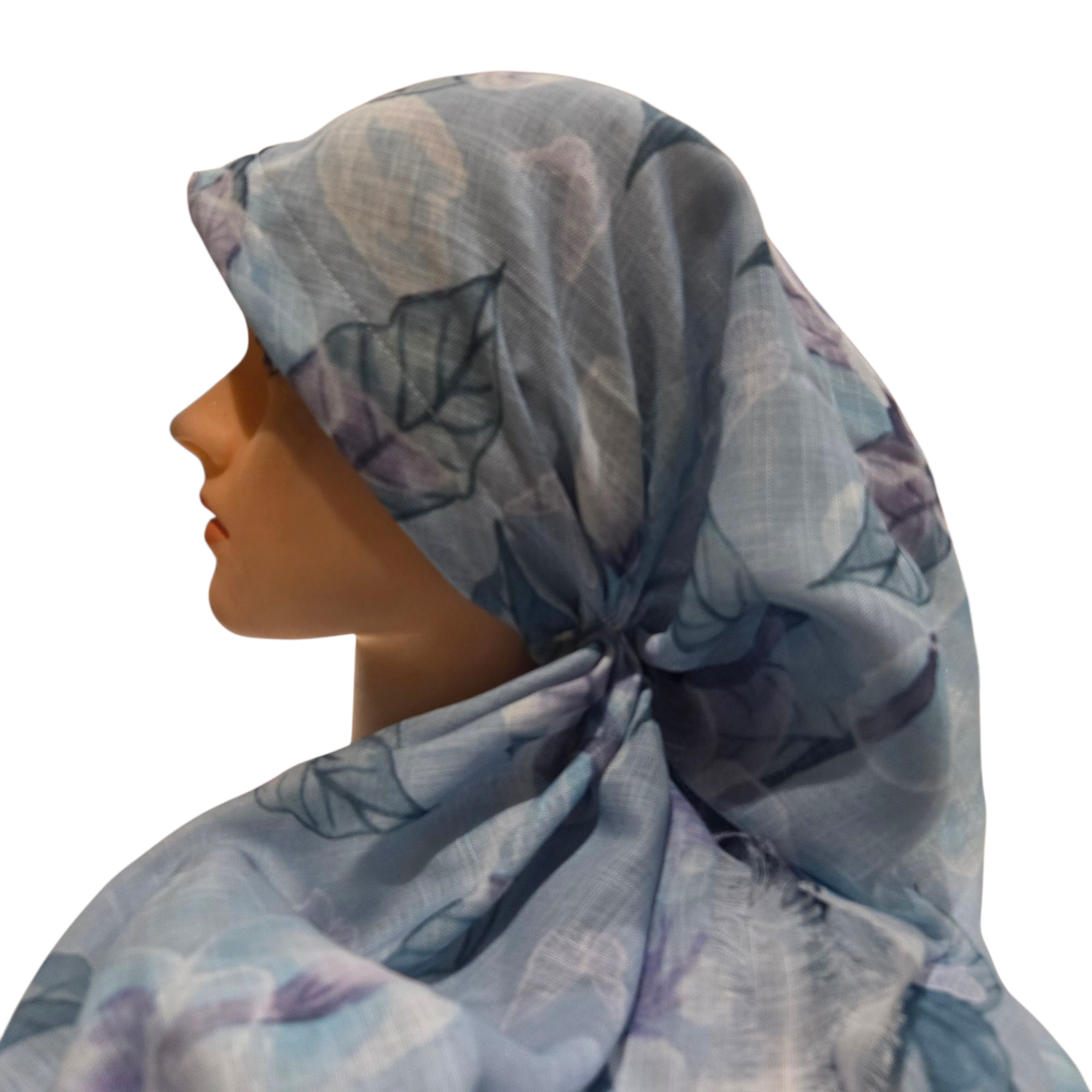 Delicate summer patterned sky blue - long kerchief back - soft fringes pretied tichel (BBS) w/band sewn in