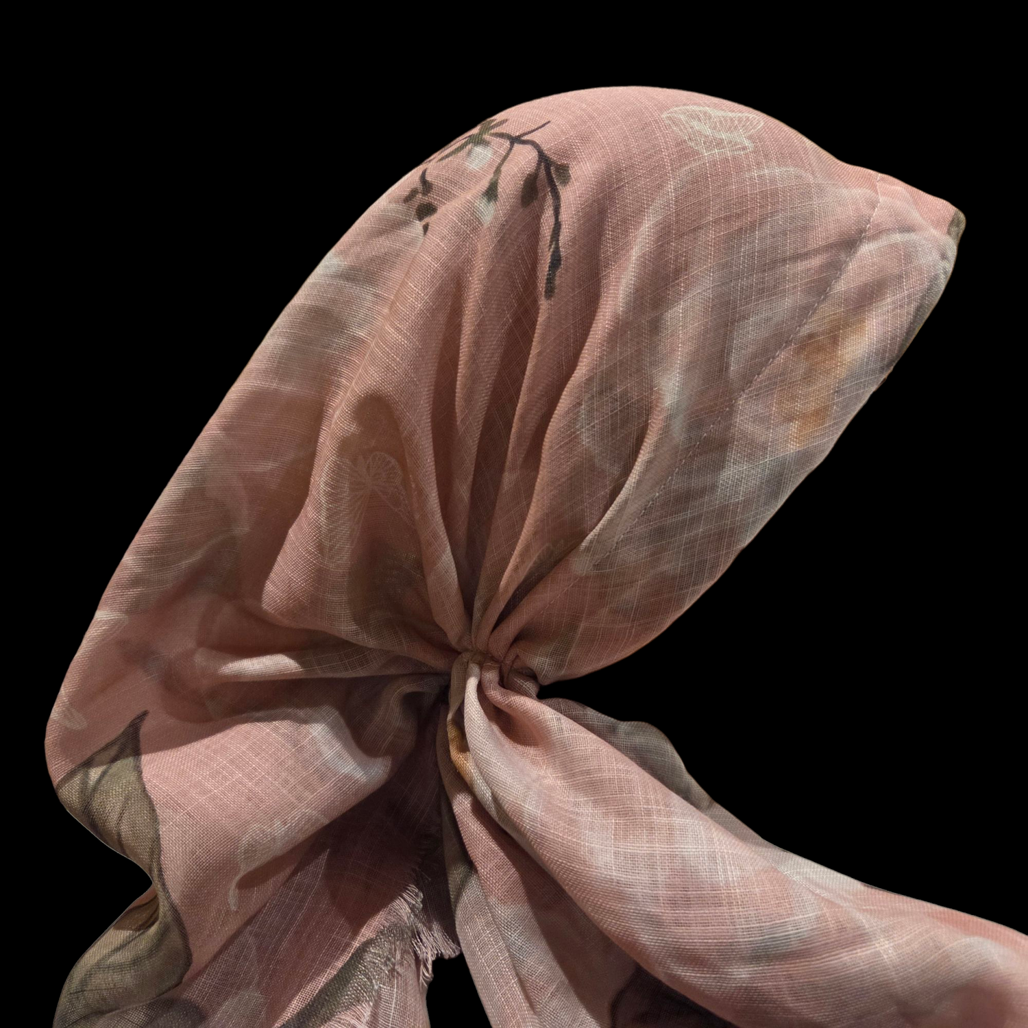 Delicate summer patterned pink - long kerchief back - soft fringes pretied tichel (BBS) w/band sewn in