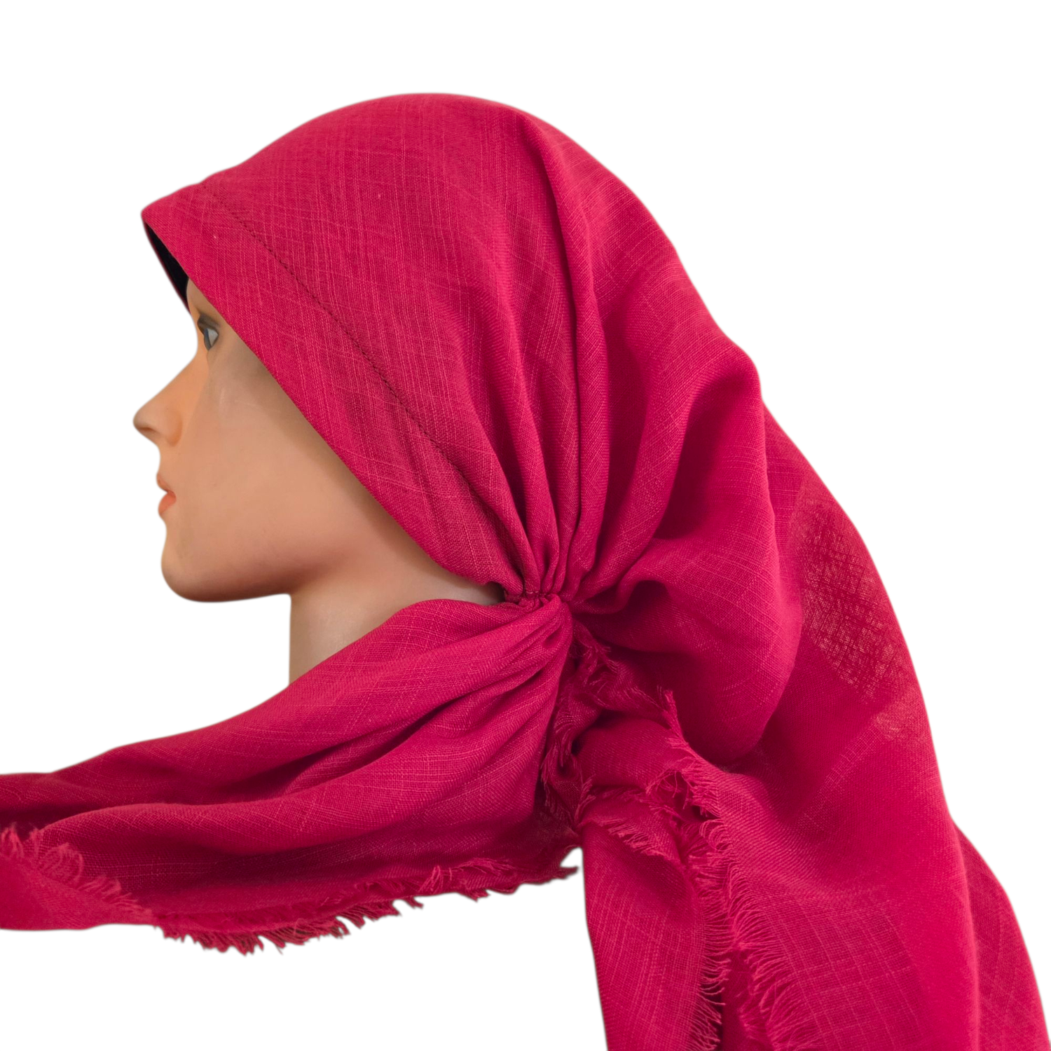 Deep reddish coral - long kerchief back - soft fringes pretied tichel (BBS) w/band sewn in