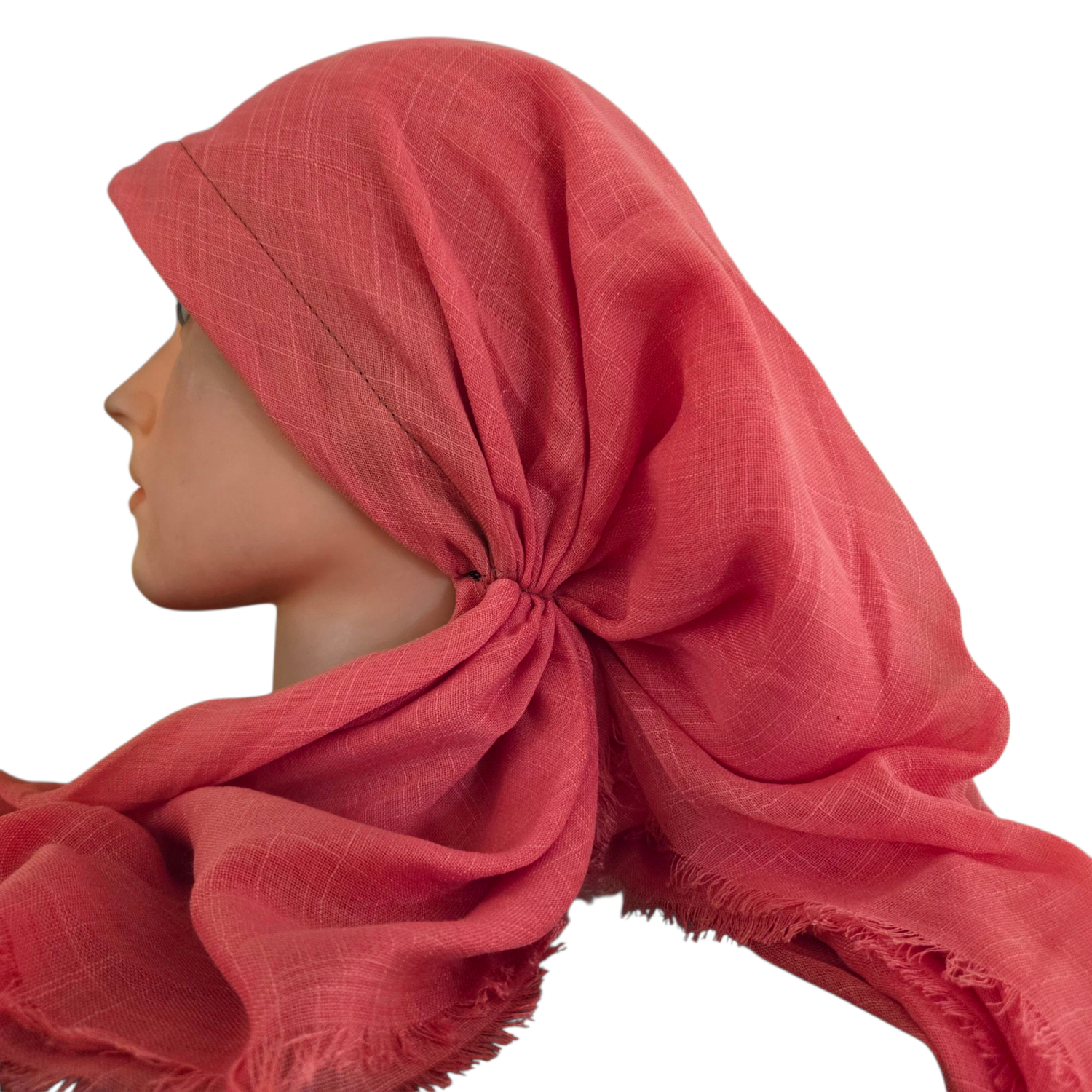 Light coral - long kerchief back - soft fringes pretied tichel (BBS) w/band sewn in