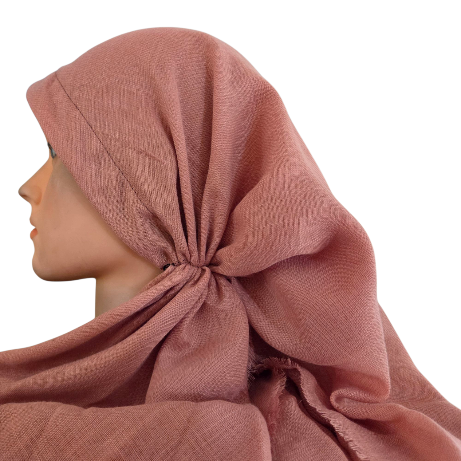 Dusty light salmon- long kerchief back - soft fringes pretied tichel (BBS) w/band sewn in