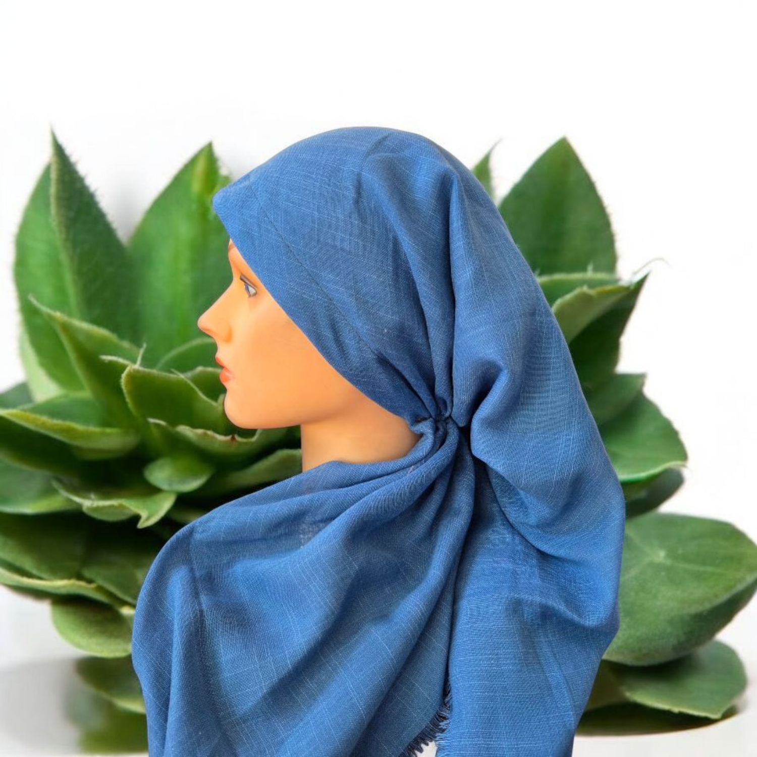 Blue denim - long kerchief back - soft fringes pretied tichel (BBS) w/band sewn in