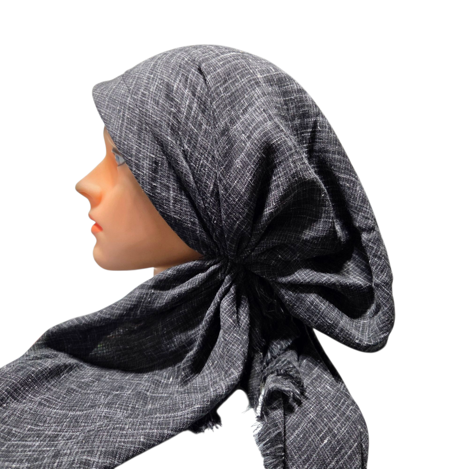 Black heathered solid  - soft fringes pretied tichel