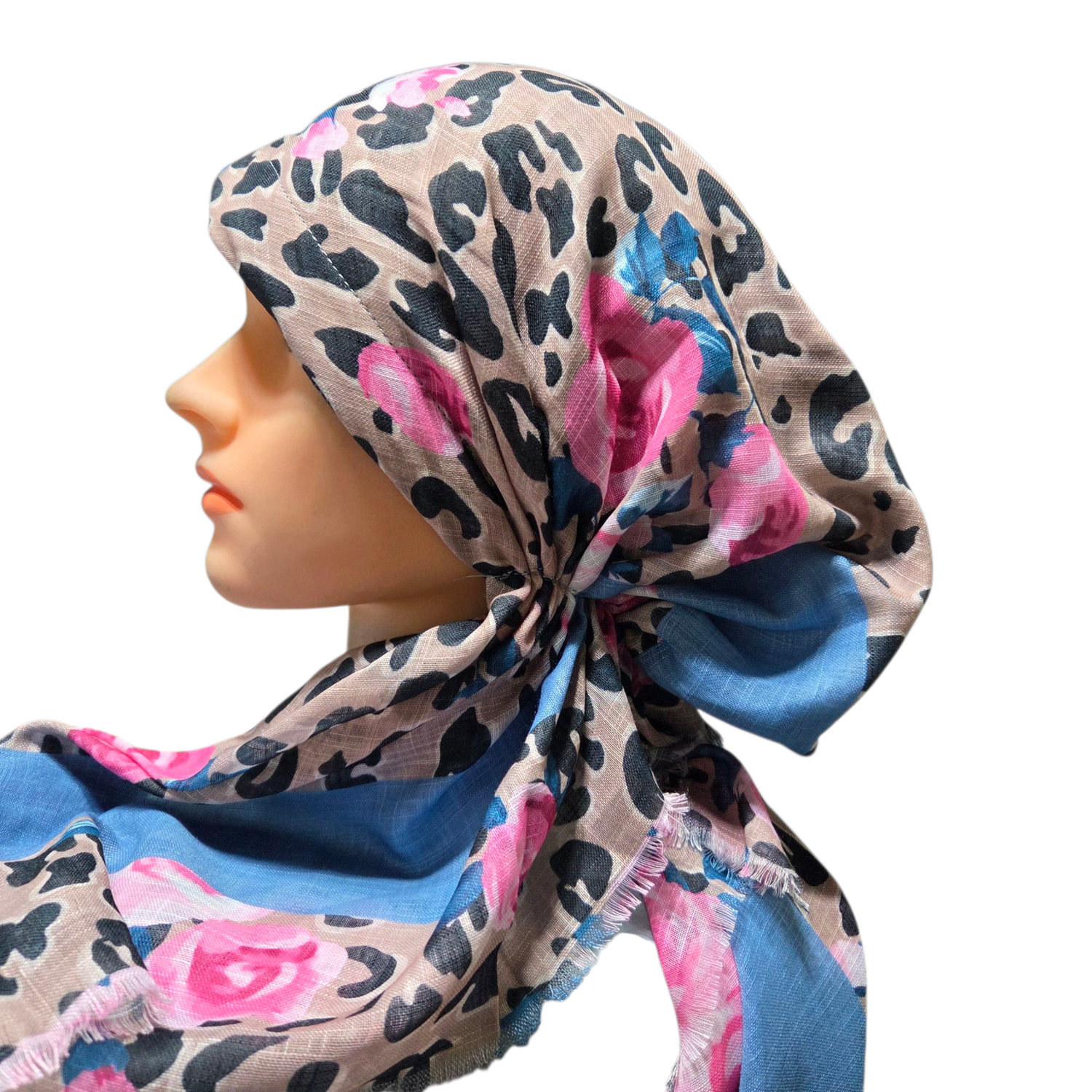 Tan leopard w/flowers - soft fringes pretied tichel