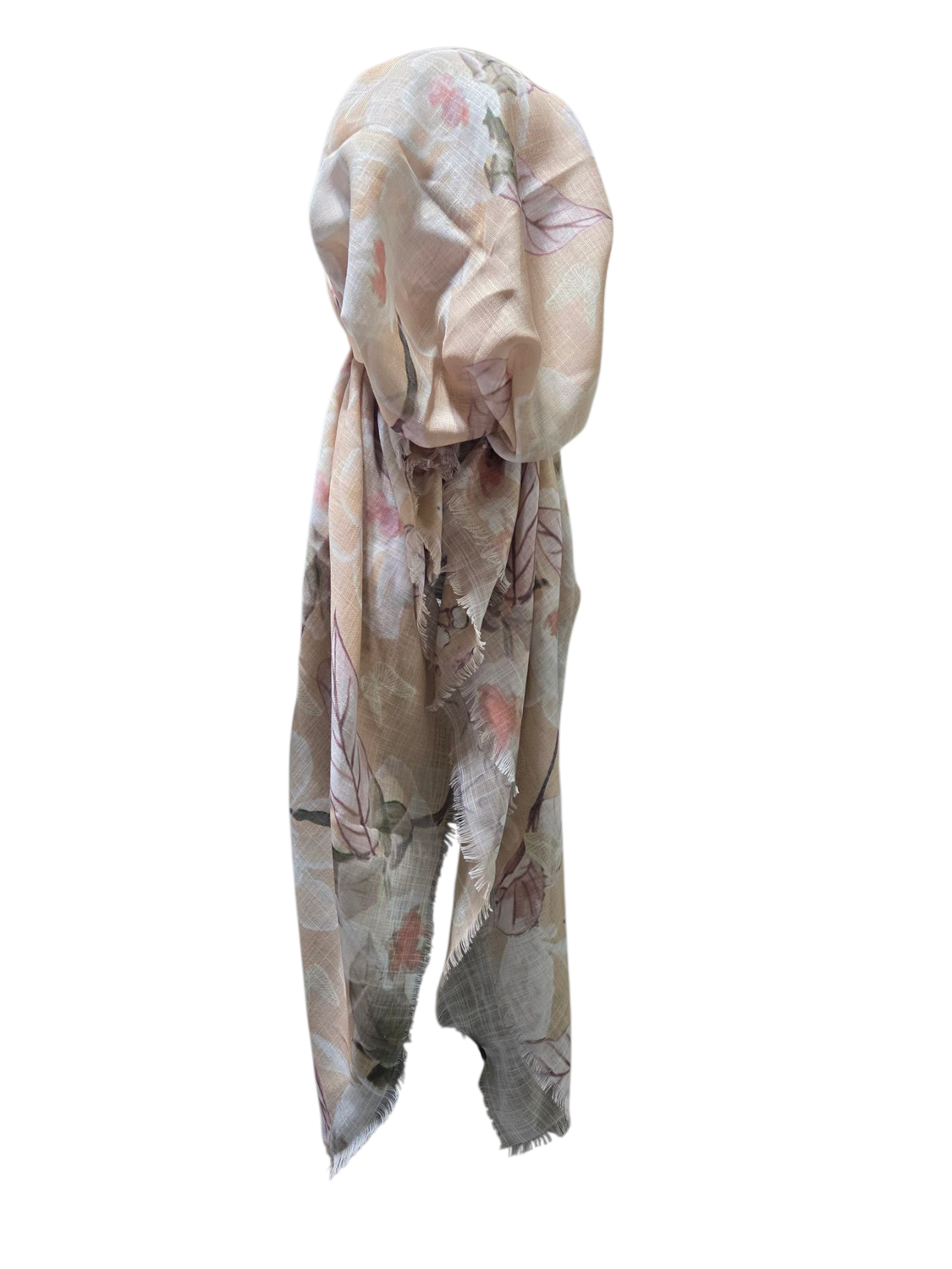 Beige - delicate Summer leaves - soft fringes pretied tichel