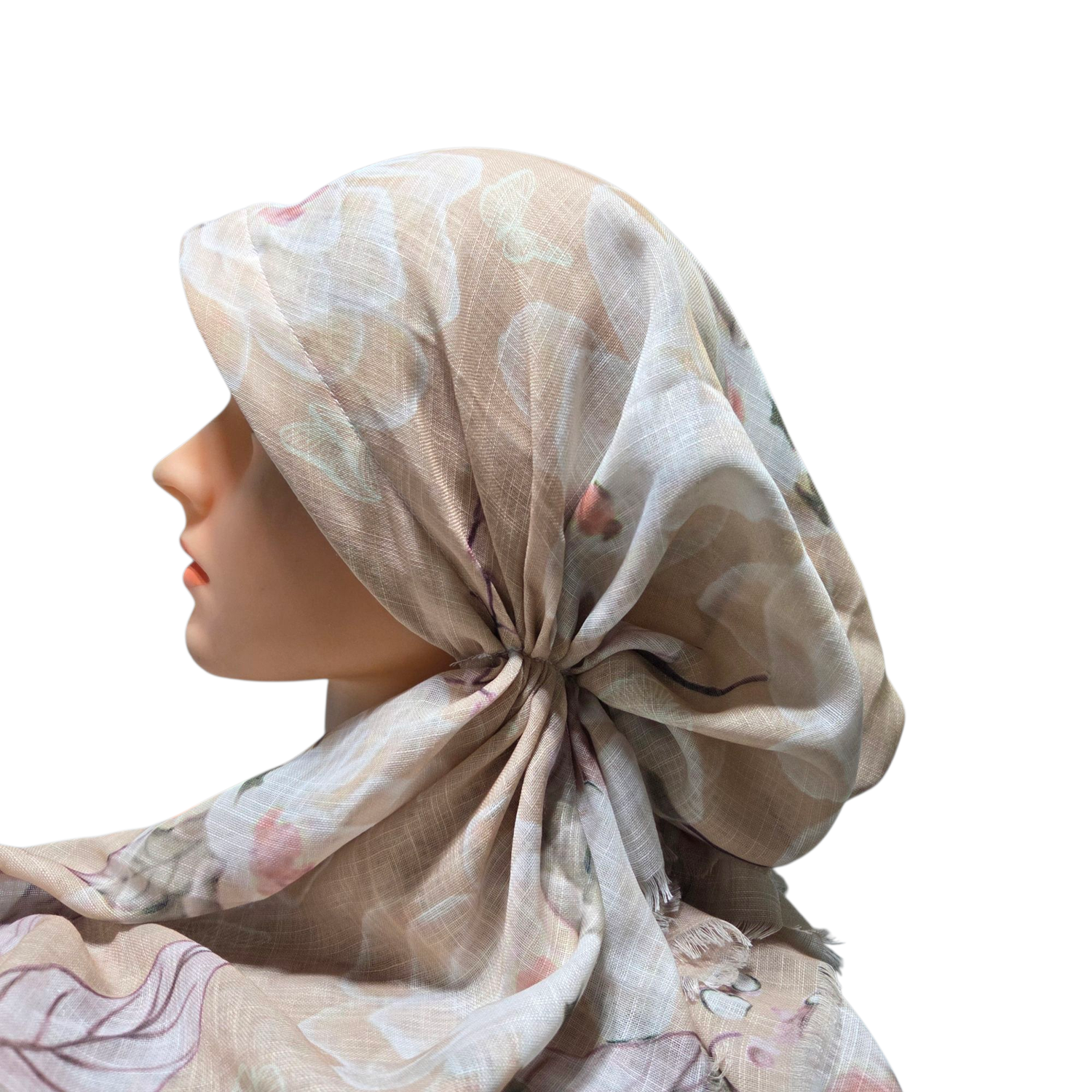 Beige - delicate Summer leaves - soft fringes pretied tichel