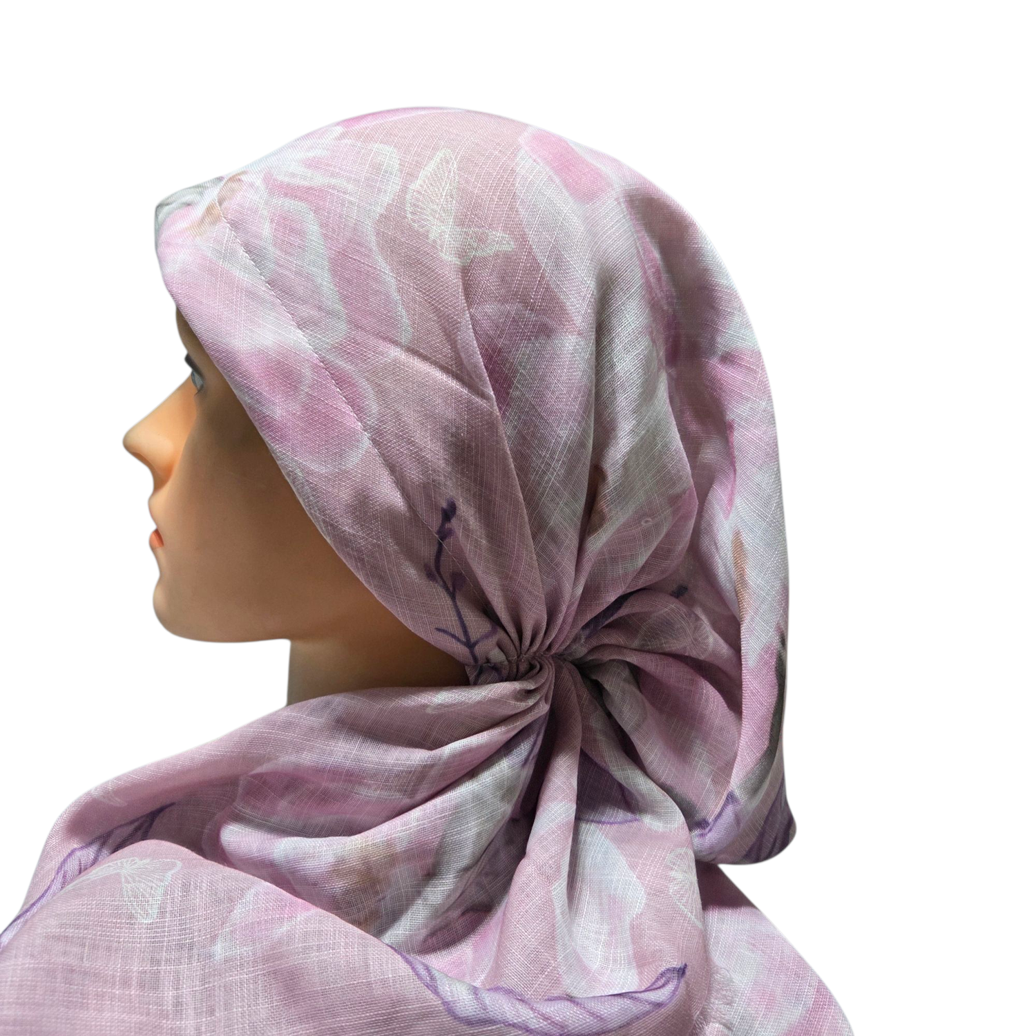 Light dusty lavender - delicate Summer leaves - soft fringes pretied tichel