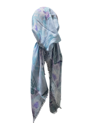 Light sky blue - delicate Summer leaves - soft fringes pretied tichel