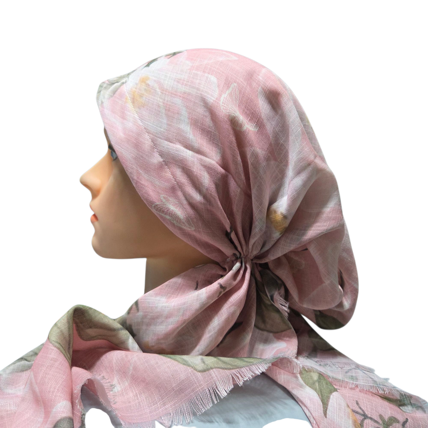 Light dusty pink - delicate Summer leaves - soft fringes pretied tichel