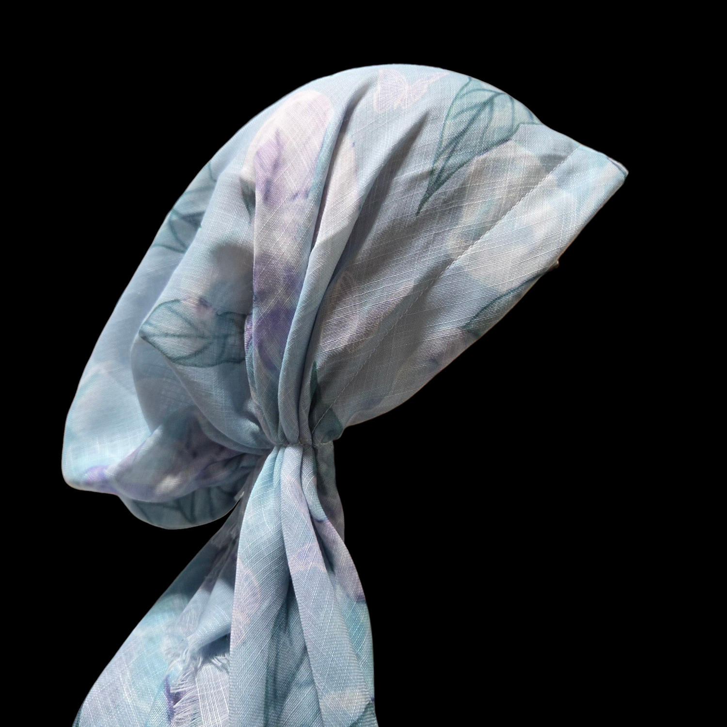 Light sky blue - delicate Summer leaves - soft fringes pretied tichel