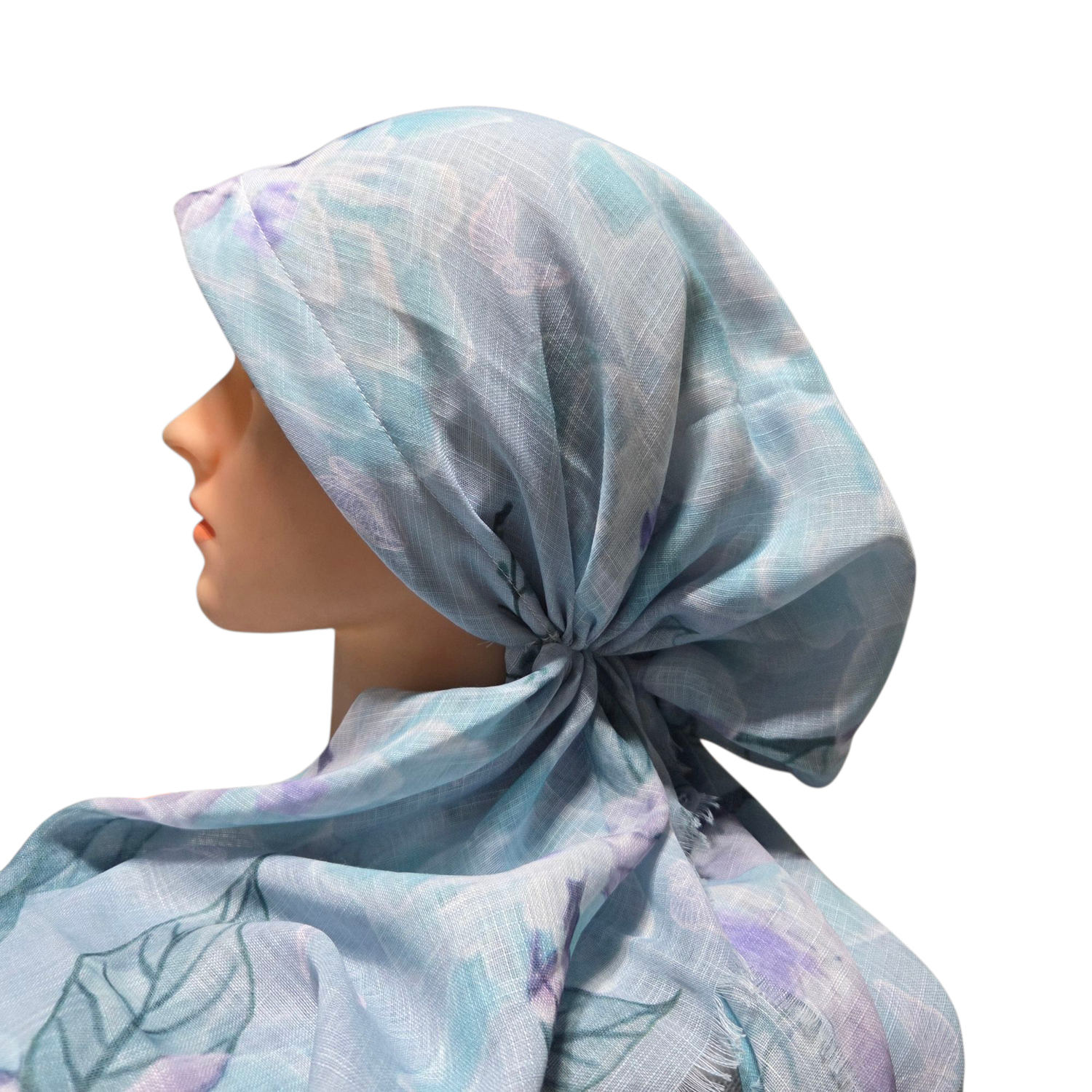 Light sky blue - delicate Summer leaves - soft fringes pretied tichel