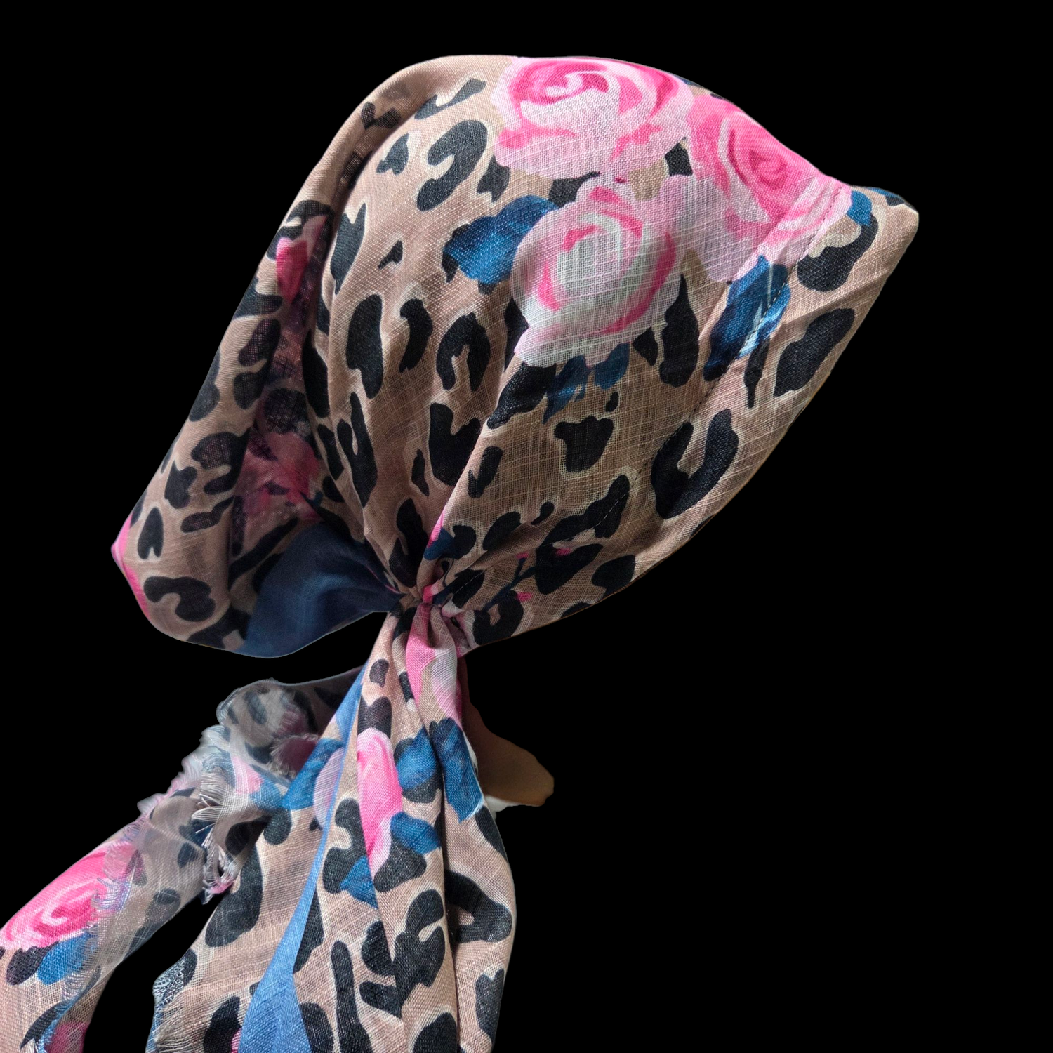 Tan leopard w/flowers - soft fringes pretied tichel