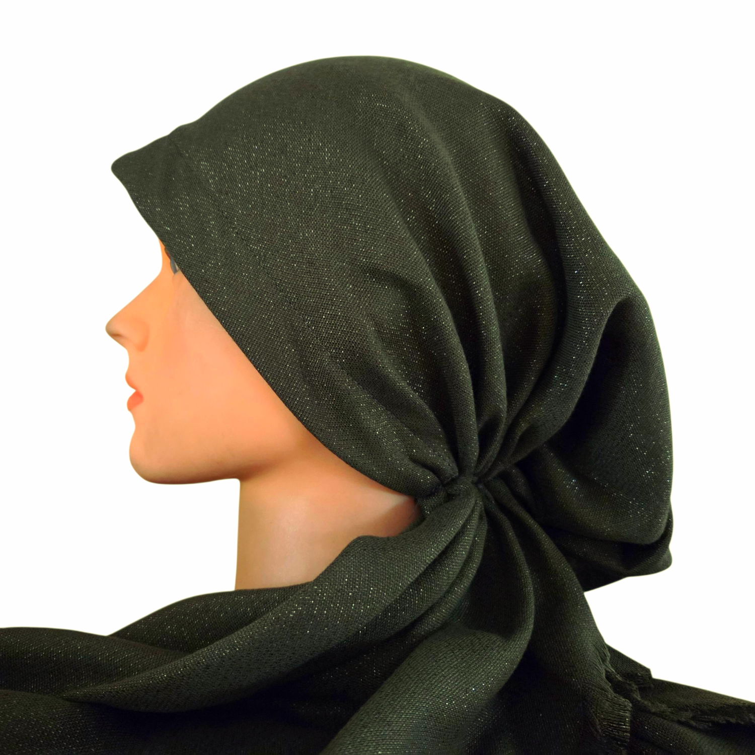 Deep green shimmer  - soft fringes pretied tichel