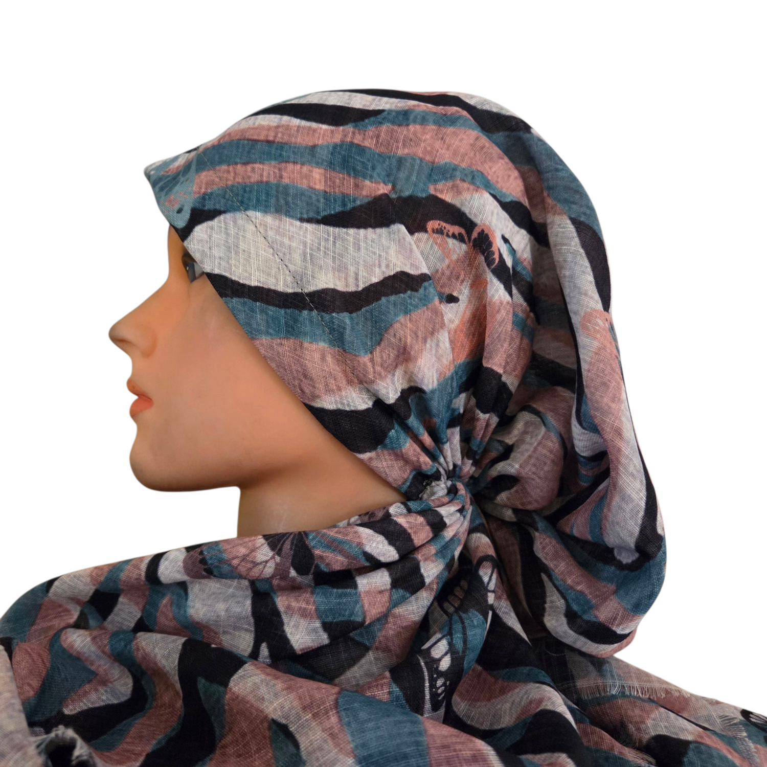 Sea green/black - waves &amp; butterfly patterned - soft fringes pretied tichel