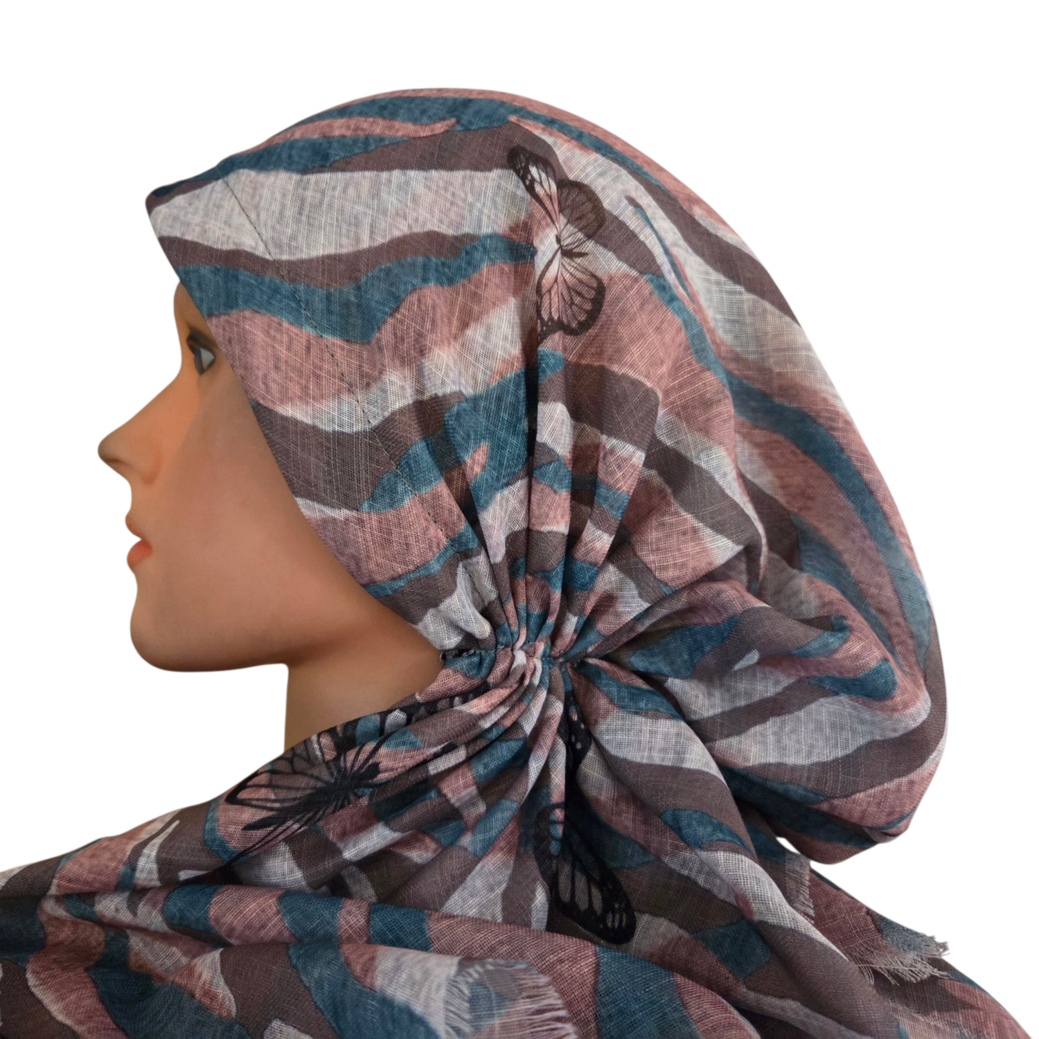 Sea green - waves &amp; butterfly patterned - soft fringes pretied tichel