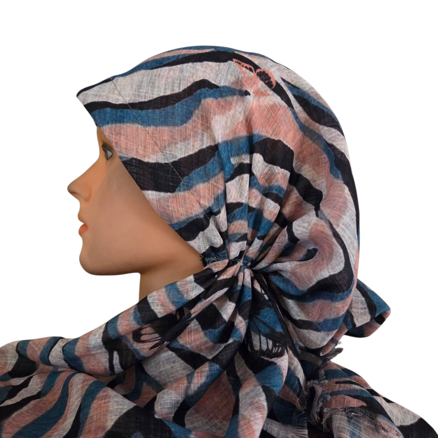 Denim - waves &amp; butterfly patterned - soft fringes pretied tichel