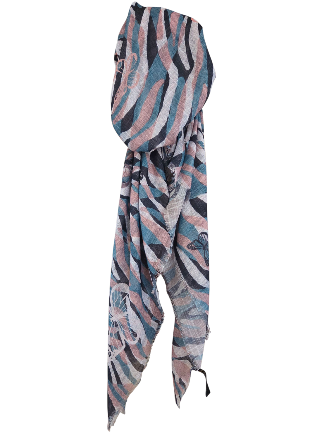 Sea green/black - waves &amp; butterfly patterned - soft fringes pretied tichel
