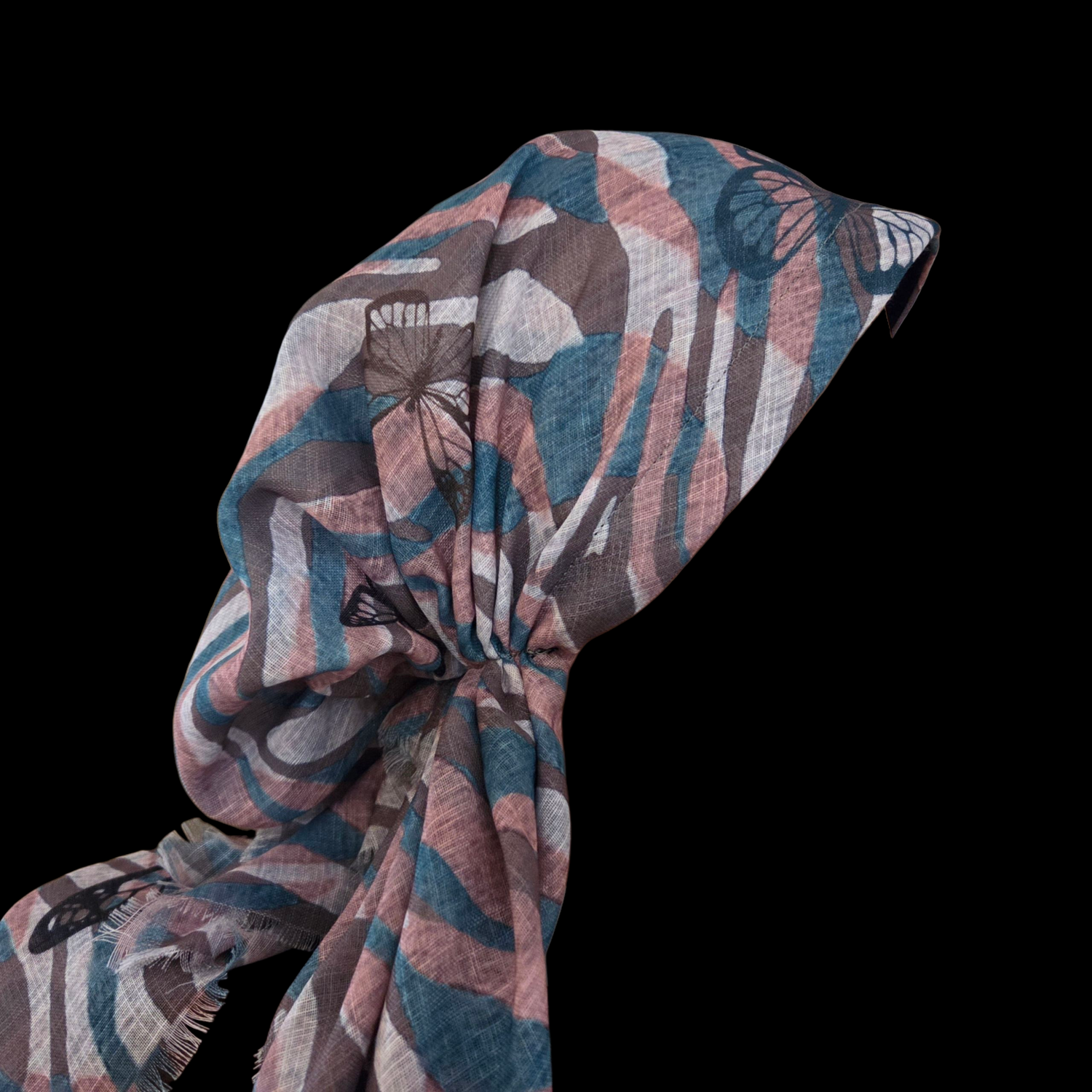 Sea green - waves &amp; butterfly patterned - soft fringes pretied tichel