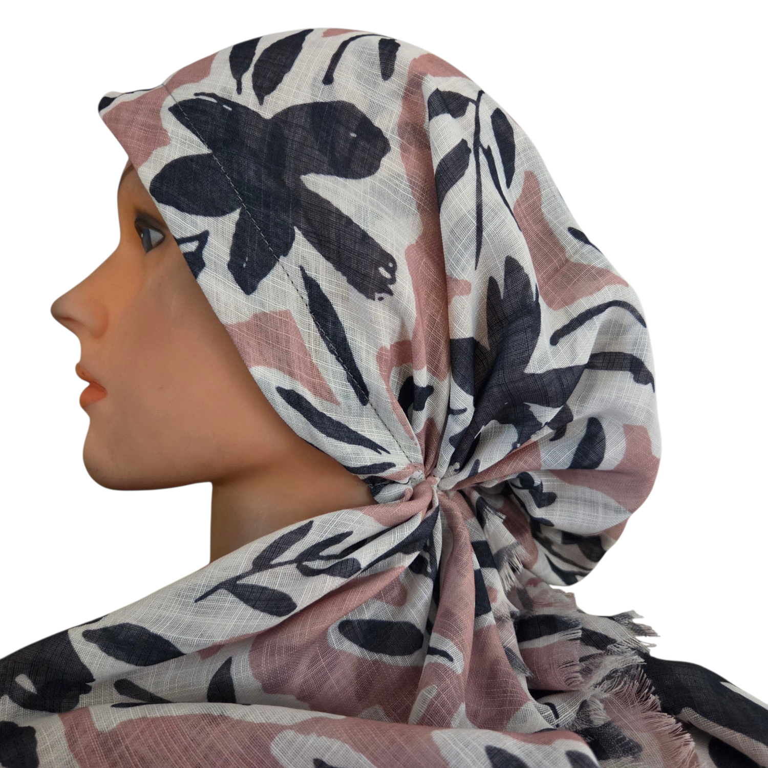 Blush - leaves patterned - soft fringes pretied tichel